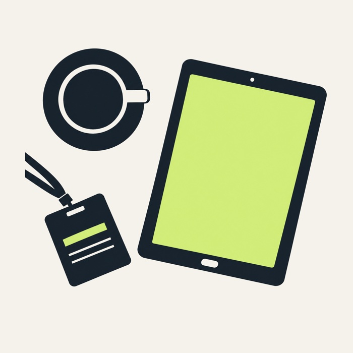 Vlakke illustratie: een kop koffie naast een iPad met een limoen scherm.